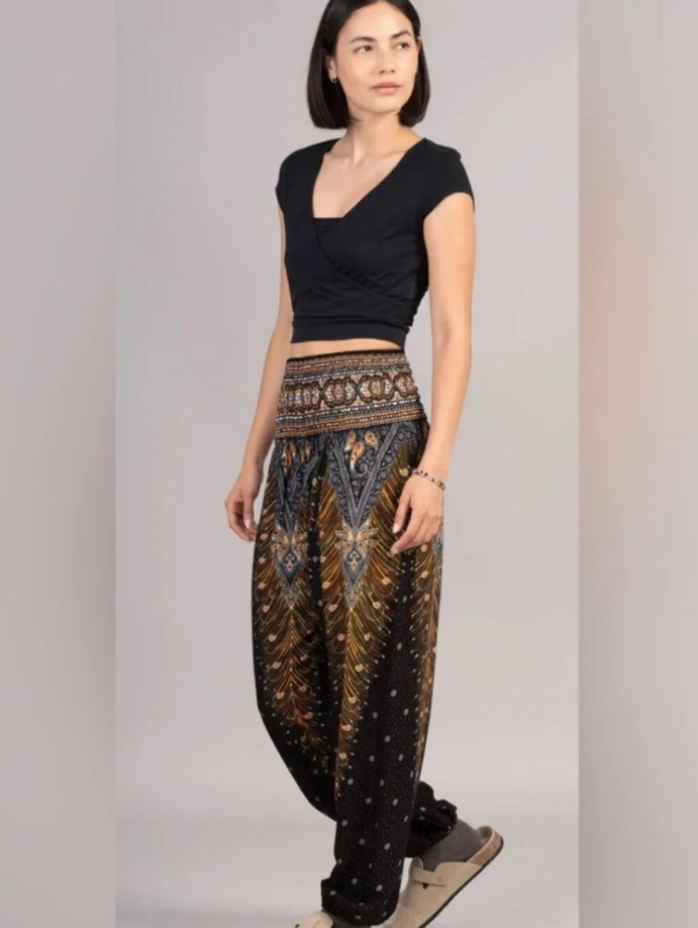 Made In Thailand - Harem Pants - Boho Floral Feather Print Smocked Waist